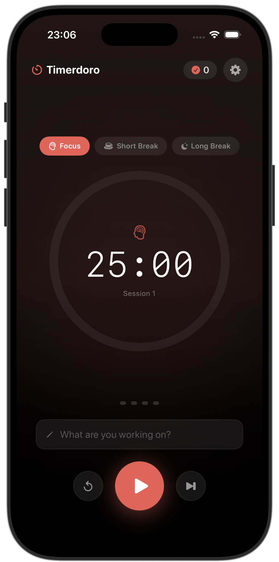 Timerdoro on iPhone — Focus mode with session ring and controls