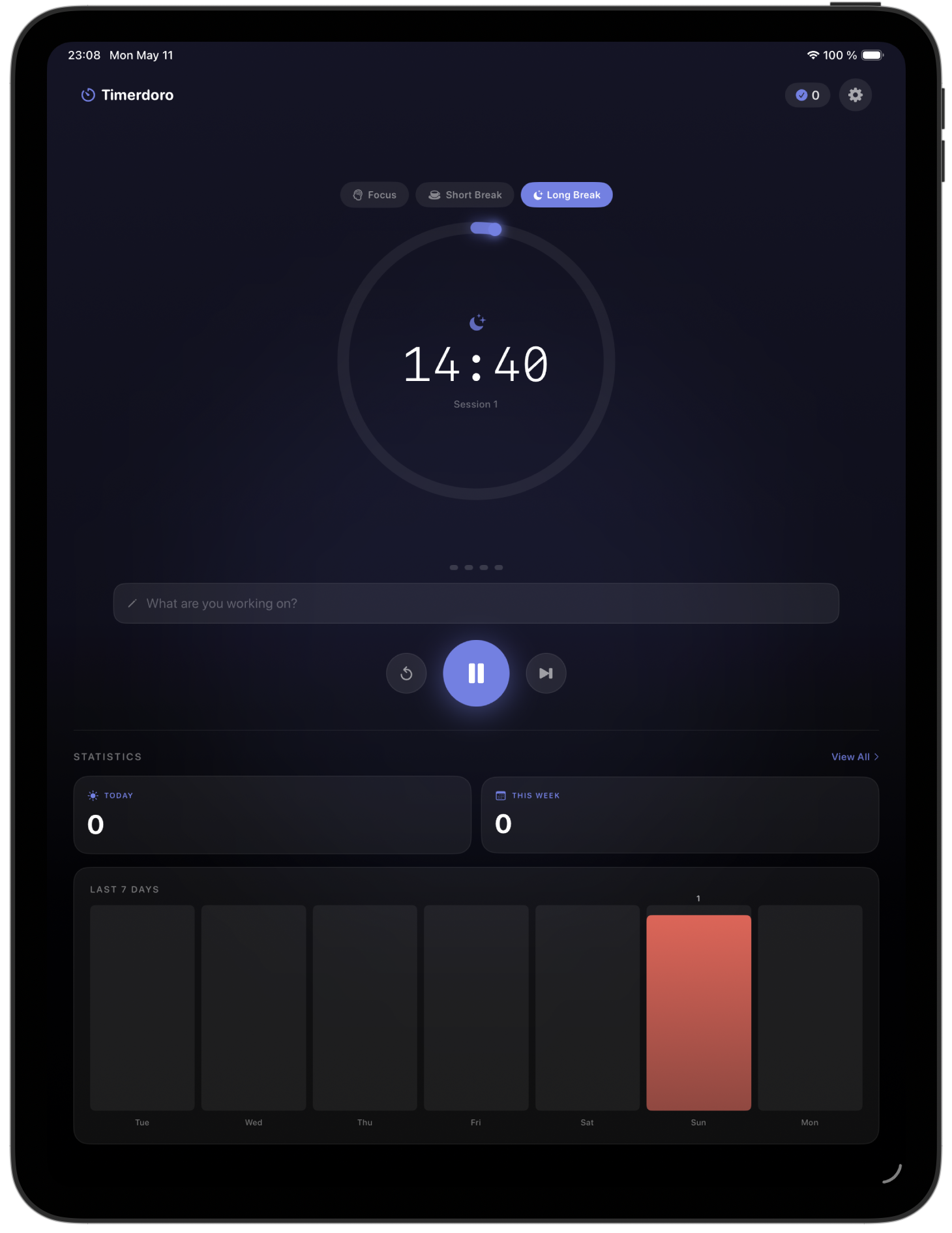 Timerdoro on iPad — long break mode with statistics