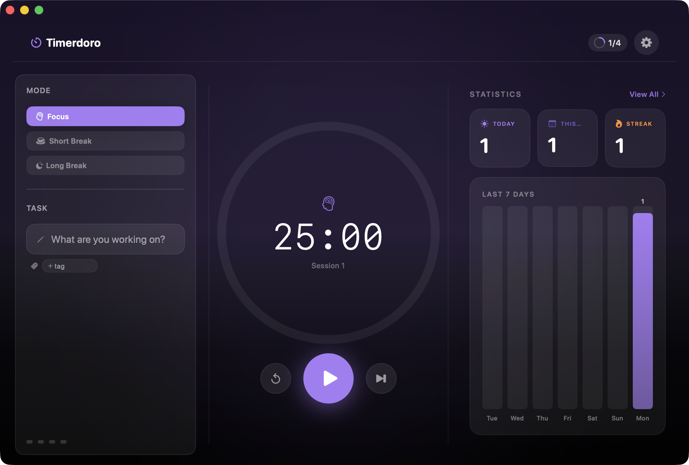 Timerdoro on Mac — timer, modes, task field, and statistics