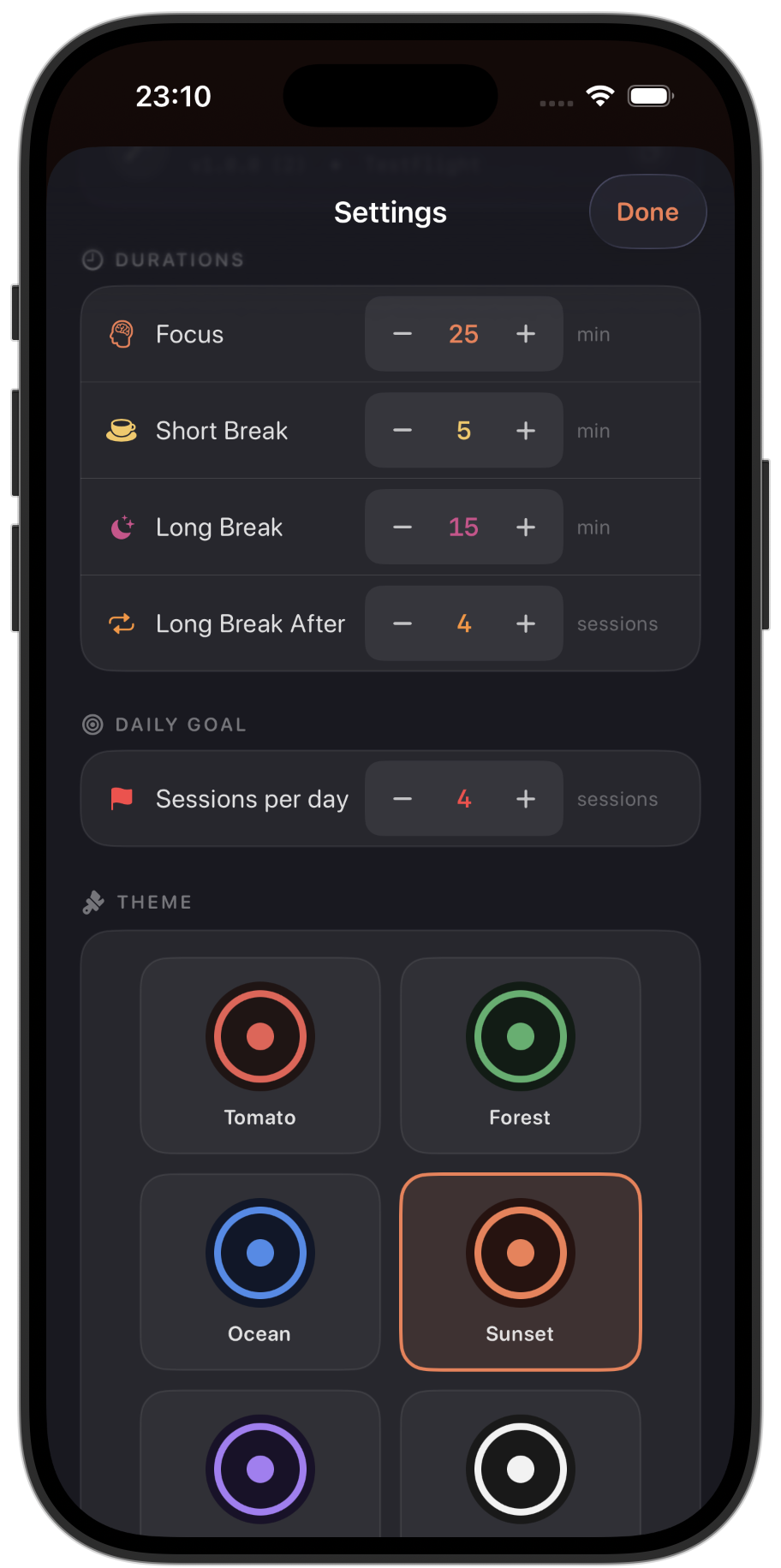 Timerdoro settings on iPhone — durations, daily goal, and themes