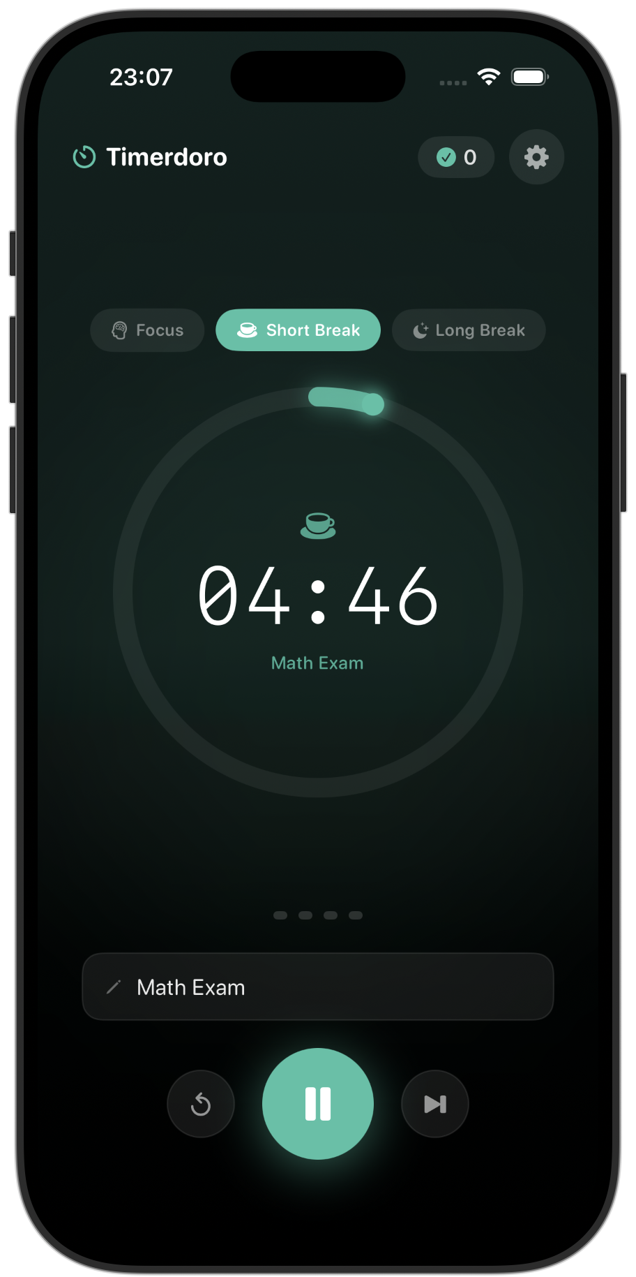 Timerdoro on iPhone — themed short break with task title