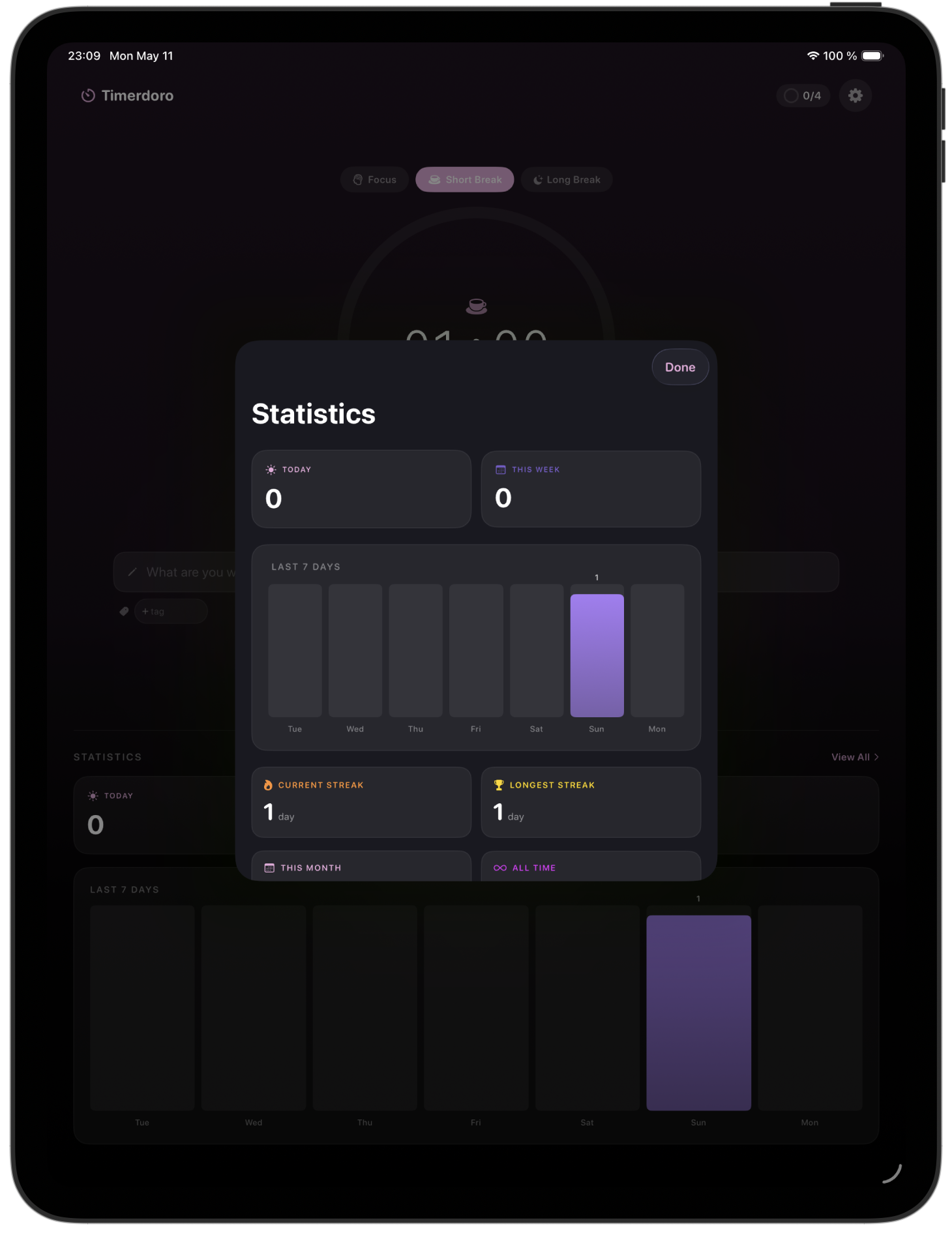 Timerdoro statistics sheet — week overview, streaks, and history