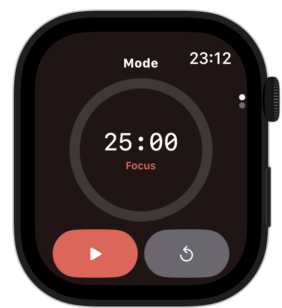 Timerdoro on Apple Watch — Mode screen with focus timer